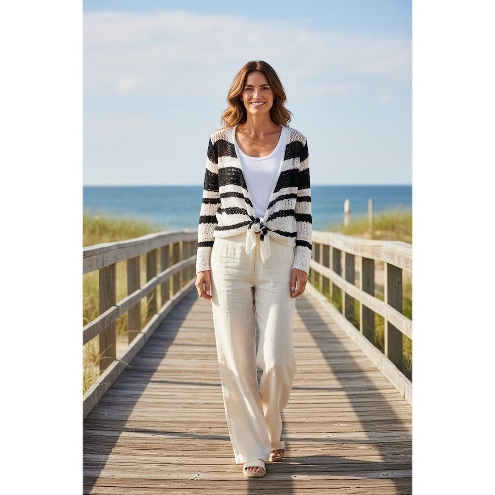 Westport 1962 Women's Open-Knit Striped Cardigan Sweater Black Sz L coastal vibe